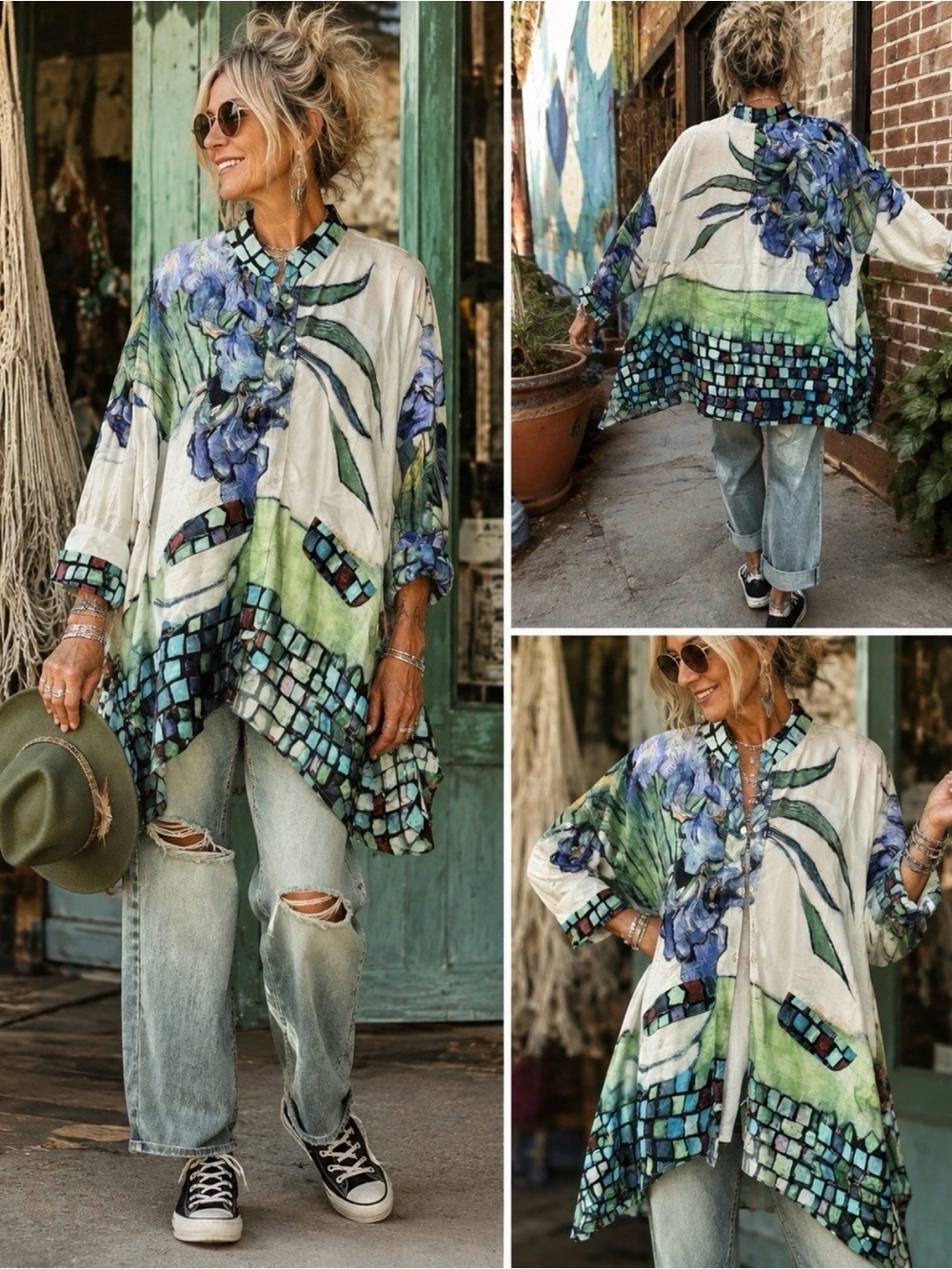 H179 NWT A Rare Bird OS ptp 37 Dolmen Sleeve Blouse Top White & Green Rare